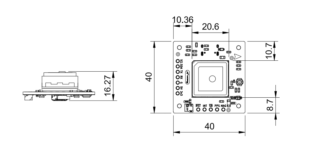 Top and side mechanical drawing of the KAMAL NAV GM1 GNSS module with dimensions in millimetres.