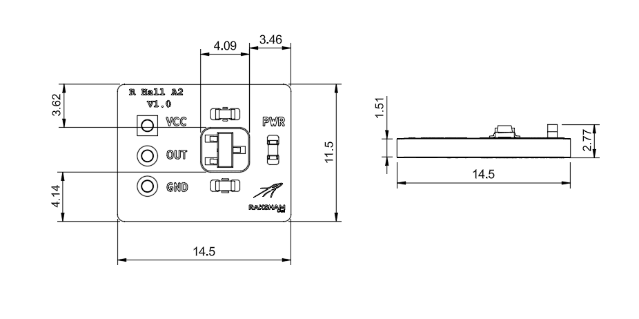 Top and side mechanical drawing of the RL Hall A2 v1.0 breakout, with dimensions in millimetres.